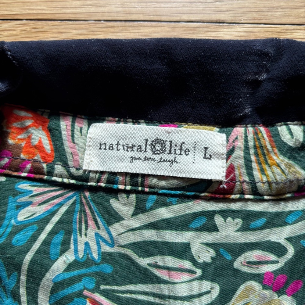 Natural Life Velvet Shirt Dress Womens L Navy Blue Floral Cuff Button Up Boho - Picture 5 of 10